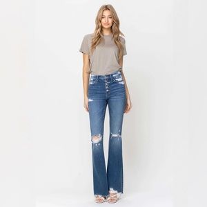 Flying Monkey High Rise Distressed Raw Hem Flare Jeans